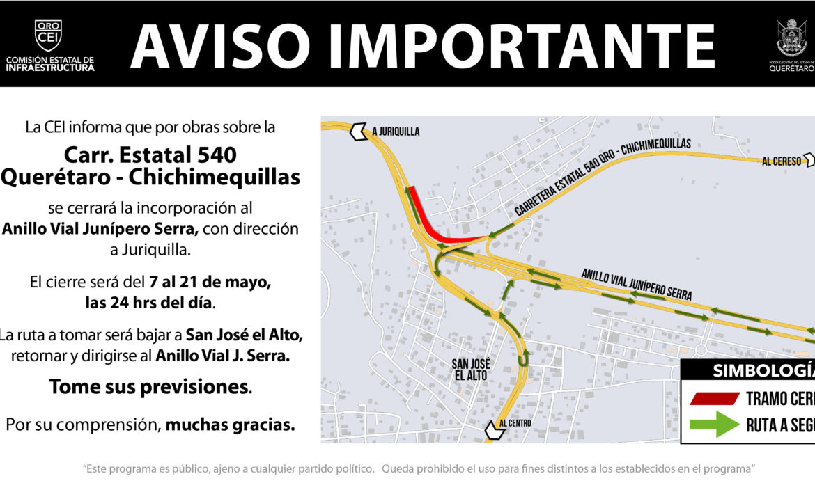 Informa CEI cierre vehicular en la ampliación de la Carretera Estatal 540 Querétaro – Chichimequillas