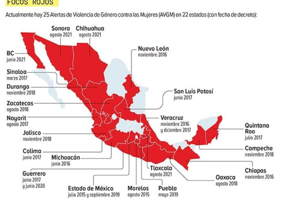 Entidades como Aguascalientes, Baja California Sur, Ciudad de México, Querétaro, Guanajuato, Hidalgo, Tamaulipas, Coahuila, Tabasco y Yucatán, son las únicas en el país, que no tienen activa la AVGM en este momento.